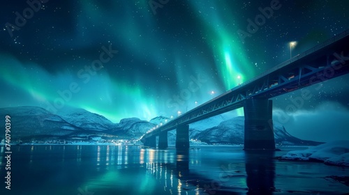 Aurora borealis or Northern lights in the sky over Tromso with Sandnessundet Bridge - Tromso, Norway photo