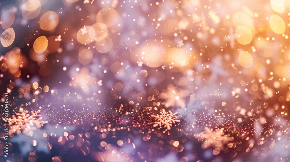 Fototapeta premium Christmas glittering glowing snowflakes particles and bokeh lights falling shiny background.