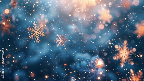 Christmas glittering glowing snowflakes particles and bokeh lights falling shiny background. © chanidapa