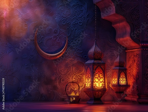 Islamic background for Ramadan lanterns and crescent moon. Ramadan theme with colour combinations of purple  and pink  buildings  mosques  moonlight  and lanterns. Created with Generative AI.