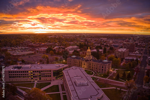 Aerial View of a Sunrise over Downtown Cheyenne, Wyoming
