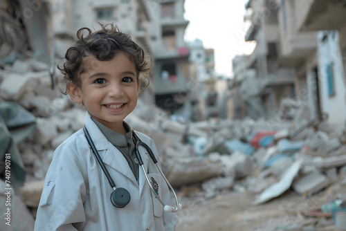 photo illustration of a child dressed as a doctor in the ruins