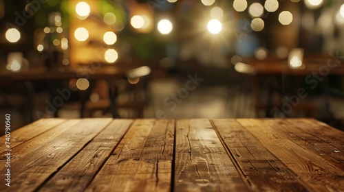 Empty wood table top on blur light gold bokeh of cafe restaurant