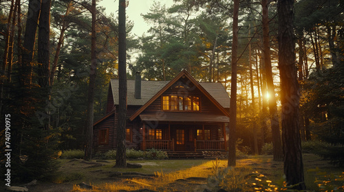 A cabin in the woods, surrounded by tall pine trees, the intricacies of the wooden exterior and the play of sunlight filtering through the branches.