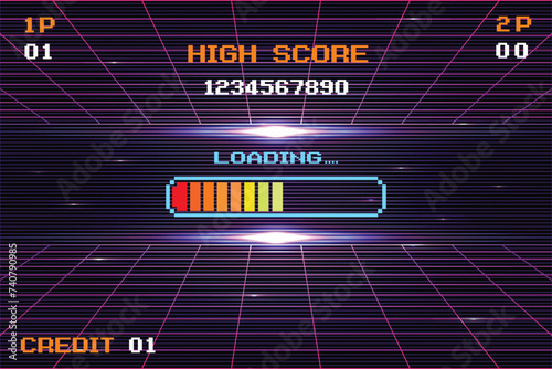 LOADING .pixel art .8 bit game. retro game. for game assets in vector illustrations. Retro Futurism Sci-Fi Background. glowing neon grid and star from vintage arcade computer games