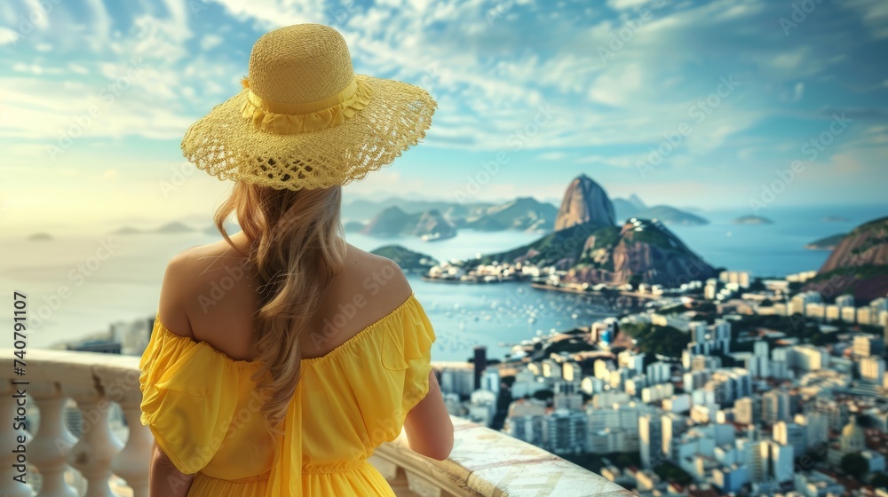 Fashion tourist woman on terrace in Rio de Janeiro with the famous Guanabara bay and the cityscape of Rio de Janerio,