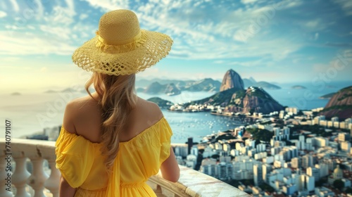 Fashion tourist woman on terrace in Rio de Janeiro with the famous Guanabara bay and the cityscape of Rio de Janerio, photo
