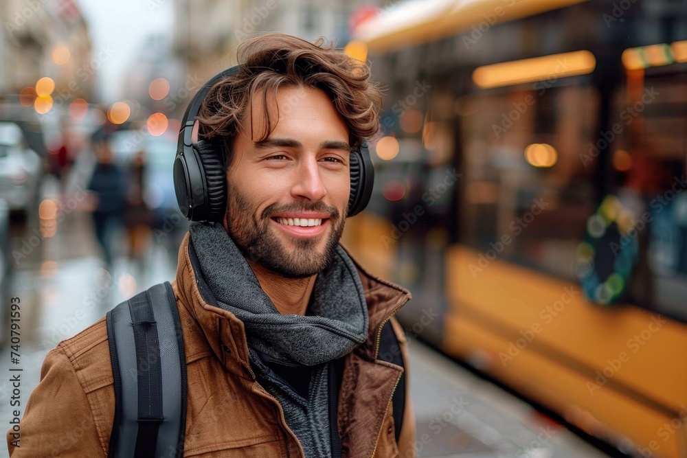 A content man enjoys his music while waiting for the bus on a bustling city street, his smile reflecting the joy of the moment A content man enjoys his music while waiting for the bus on a bustling city street, his smile reflecting the joy of the moment