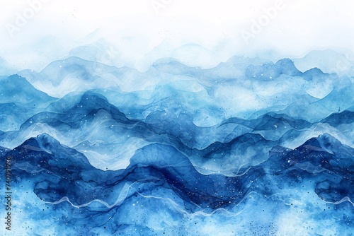 Vibrant illustration of blue watercolor waves on textured background.