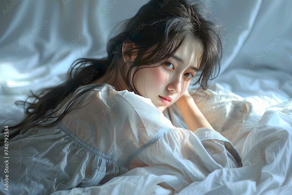 Asian girl in light gray pajamas. Concept Pajama Photoshoot, Gray Outfit, Asian Model, Lifestyle Photography Asian girl in light gray pajamas. Concept Pajama Photoshoot, Gray Outfit, Asian Model, Lifestyle Photography