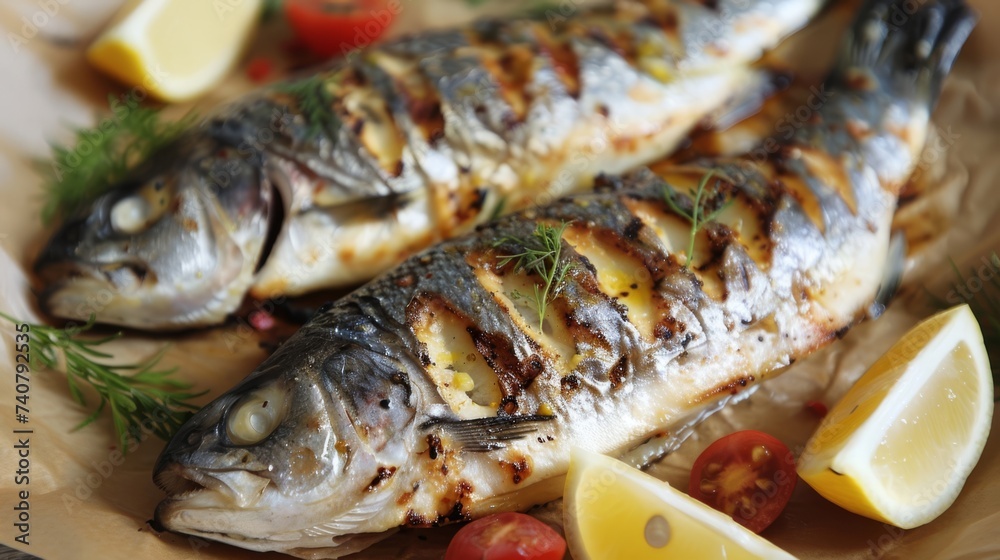Grilled fish on a black plate with lemon garnish, perfect for food and culinary themes. Grilled fish on a black plate with lemon garnish, perfect for food and culinary themes.