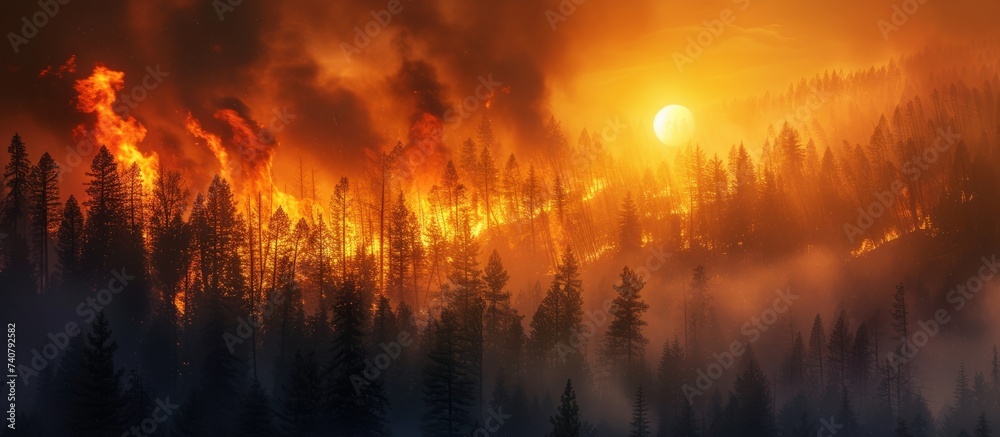 Dramatic Forest Fire Engulfing the Sky with Intense Flames and Smoke