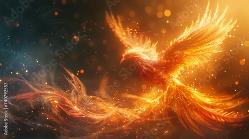 Ruby phoenix rising from a bed of flames its feathers casting prismatic light like a living rainbow