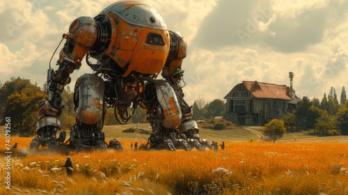 Rustic robot farmer tilling fields with plow arms overseen by a feudal lord photo