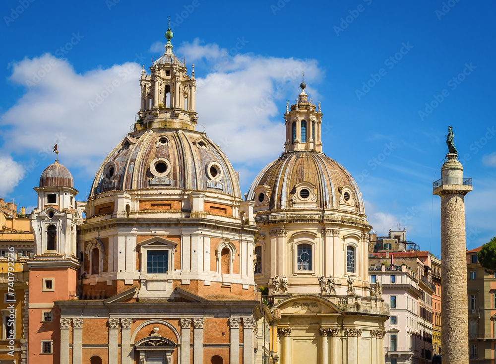 Santa Maria di Loreto (Church of Saint Mary of Loreto) in Rome, Italy. The Piazza del Campidoglio on Capitoline Hill. Historic center of ancient Rome. Details, view, architecture and embellishments.