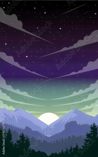 Illustration of landscape with a starry night sky as the backdrop with silhouettes of trees or mountains to enhance the composition