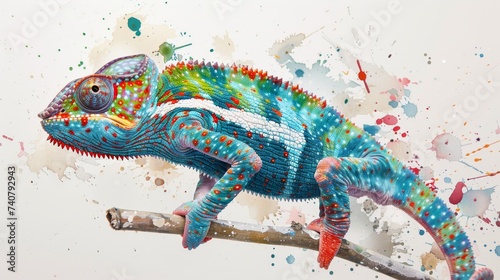 A dynamic splash art chameleon in vivid colors against a white background, blending art with nature. photo