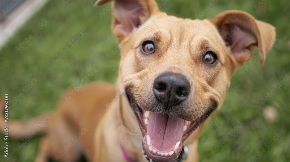 Close-up of a smiling dog with bright eyes, representing companionship, joy, and pet adoption themes.