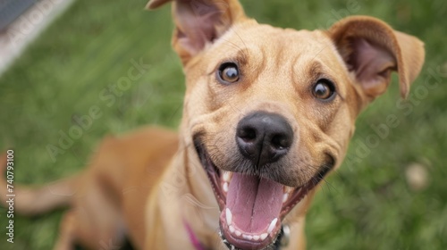 Close-up of a smiling dog with bright eyes  representing companionship  joy  and pet adoption themes.