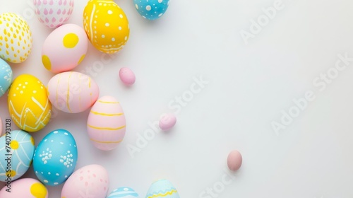 Assorted colorful Easter eggs on a white background with ample space for text, perfect for festive designs and Easter celebrations.