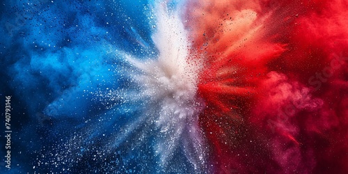 Vibrant French tricolor holi paint burst on white backdrop symbolizing France, Europe, and soccer, perfect for travel and tourism.
