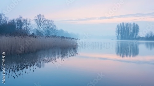 An image illustrating a tranquil lake at dawn  with the calm water and soft colors reflecting a state of inner peace and tranquility