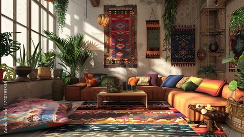 A bohemian-style living room infused with eclectic patterns  vibrant textiles  and an array of indoor plants  creating a relaxed and inviting space that feels free-spirited and cozy