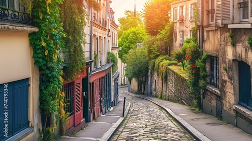 Charming Parisian neighborhood with stunning architectural landmarks. © ckybe