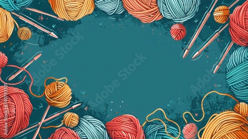 background with cute doodles of yarn balls, knitting needles, and crochet hooks. with text space
