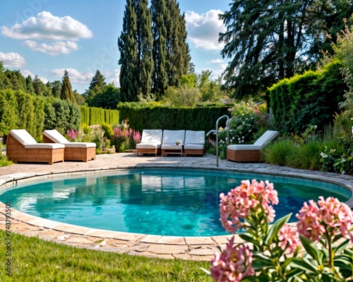 Swimming pool in the garden in summer among greenery. Family vacation spot