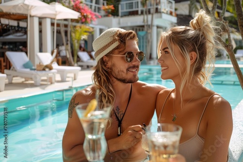 A couple s summer romance blooms as they lounge in the pool  the woman s fashionable sunglasses and the man s dapper wedding attire adding to the allure of their smiling faces
