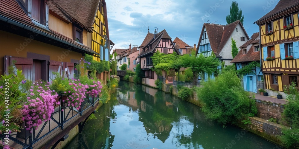 France. Small waterway and historic half-timbered dwellings.