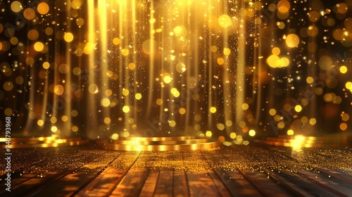 Shimmering gold scene with dazzling lighting and bokeh. High-end backdrop design idea. Illustration.