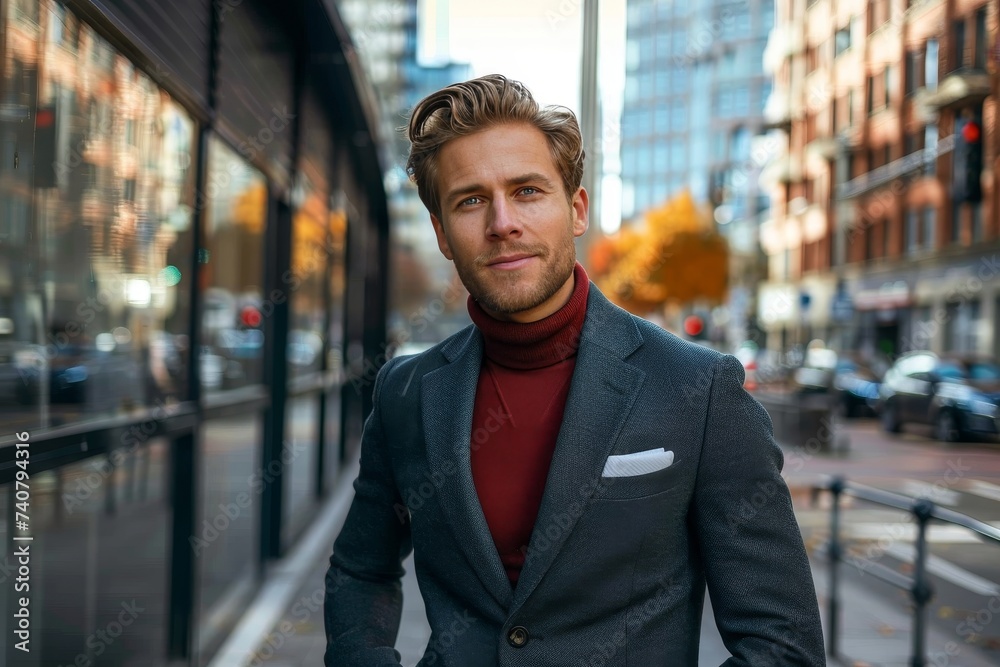 A dapper man stands confidently on a bustling city street, his tailored suit and stylish outerwear reflecting the grandeur of the towering buildings behind him, while his charming smile captures the A dapper man stands confidently on a bustling city street, his tailored suit and stylish outerwear reflecting the grandeur of the towering buildings behind him, while his charming smile captures the