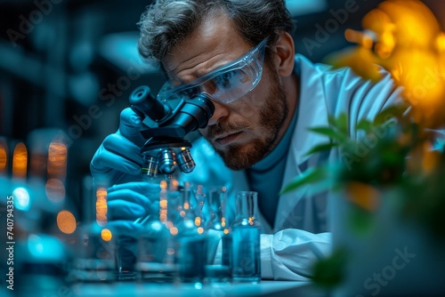 Focused scientist using microscope in lab