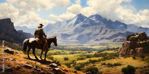 Relaxed cowboy riding his horse Illustration of a cowboy galloping on horseback at a rodeo on a background of mountains, river, sunlight and nature for your design. © Rassamee
