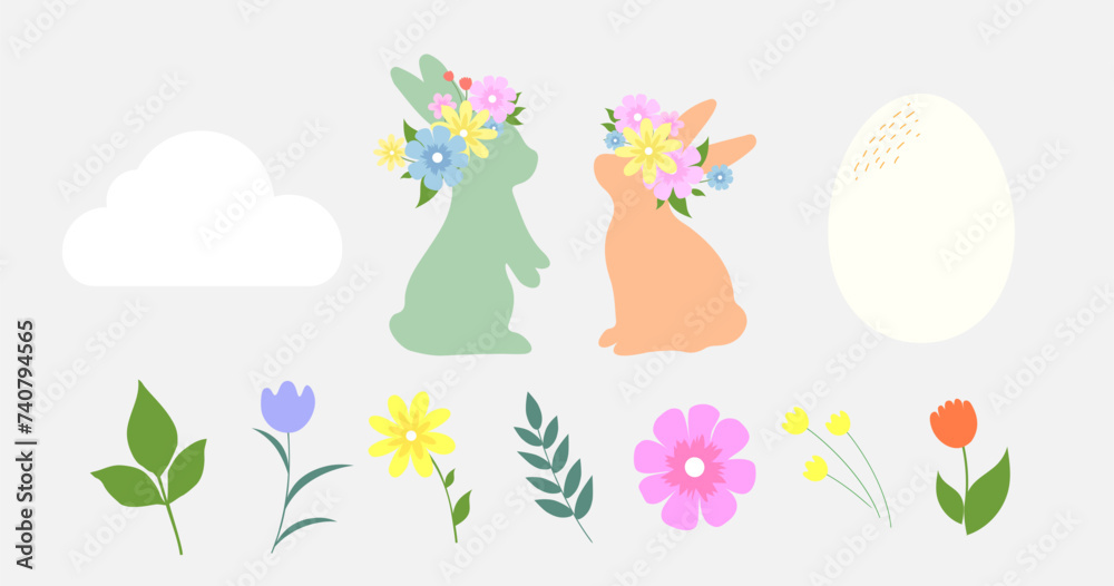 Easter set of vector illustrations. Rabbits, flowers and eggs isolated on a white background.
