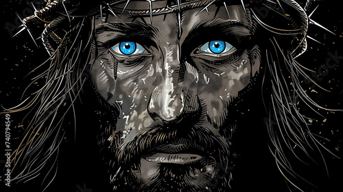 
Close Up de umJesus cristo branco com olhos azuis, fundo preto, design de camiseta photo