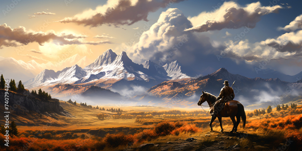 Illustration of a cowboy galloping on horseback at a rodeo on a background of mountains, river, sun and nature for your design.
