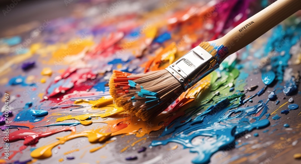 A paintbrush with vibrant colors on wall
