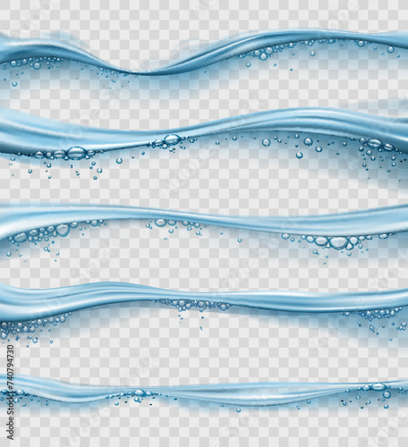 Water surface, realistic pool waterline or wave line splash, vector background. Transparent blue water wave flow lines, spill or pour stream with fizzy oxygen bubbles on waterline surface frames photo