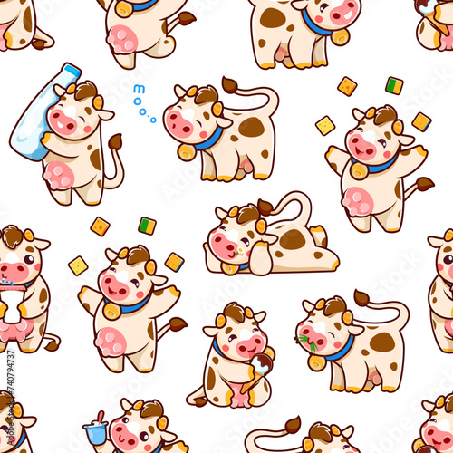 Cartoon cute cow characters seamless pattern or vector background with milk. Happy funny cow or farm animal with udder and bell eating grass and ice cream, playing cheese and milk bottle in pattern
