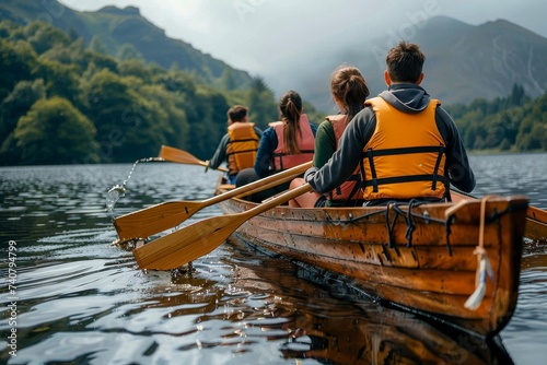 Amidst the tranquil waters and breathtaking mountain backdrop, a group of people sit in their bright yellow canoe, paddling in unison as they enjoy a day of outdoor recreation and transport themselve photo
