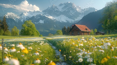beautiful rural landscape in Bavaria with mountain range and meadow at springtime, generate AI photo