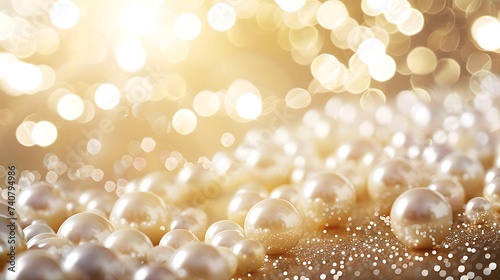 Beautiful group of shiny pearls on soft background with sparkles and light beams with copy space. White pearls whit gold in motion background. Pile of pearls on the shiny background