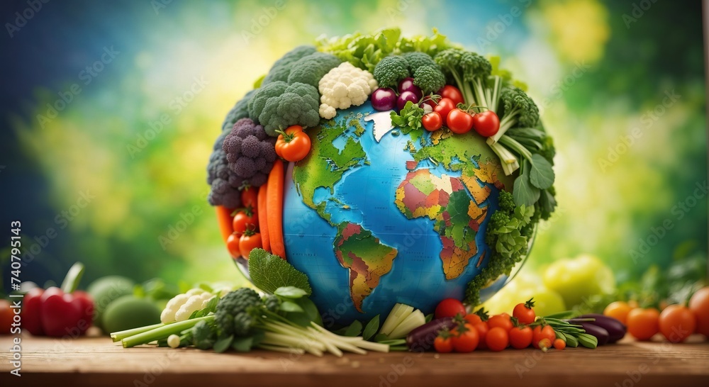 Globe healthy manipulation background with vegetables - obrazy, fototapety, plakaty 