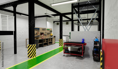 3d illustration of workshop interior with equipment and lift