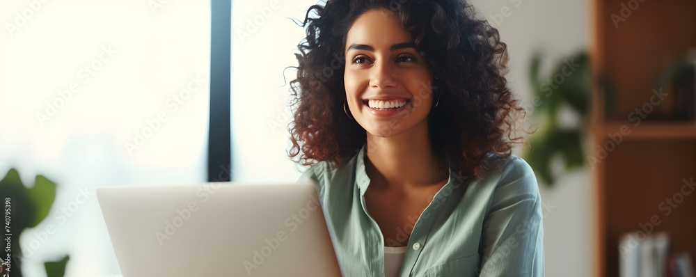 Happy Hispanic woman video calling with webcam smiling during virtual conference at home. Concept Virtual Conference, Video Calling, Smiling Hispanic Woman, Webcam, Home Setting - obrazy, fototapety, plakaty 