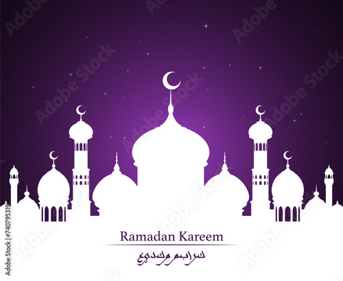 Ramadan kareem banner with muslim mosque silhouette. Vector religious holiday greeting card fir Islamic event celebration with crescent moons and stars in night sky over the ancient city architecture