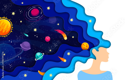 Woman with space hair, paper cut banner with cartoon galaxy planets, vector background. Galactic dream or space fantasy poster with woman and paper cut hair with comets and asteroids in starry sky